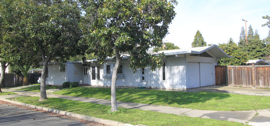 A classic Eichler design on a beautiful corner lot.  Your driveway is on the left end of the house and the apartement is behind.