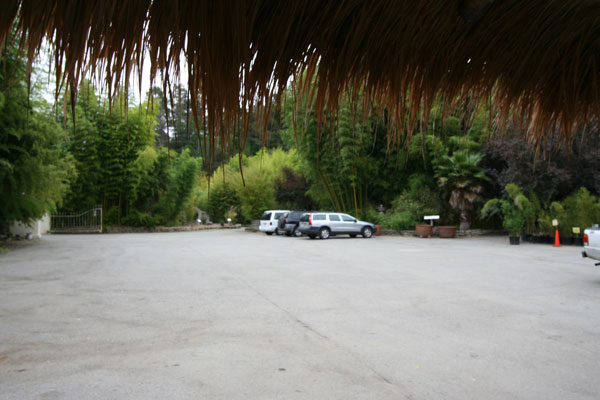 This is the view out the front door.  Covered parking is provided for one car.  The apartment opens onto the parking lot of a retail nursery.